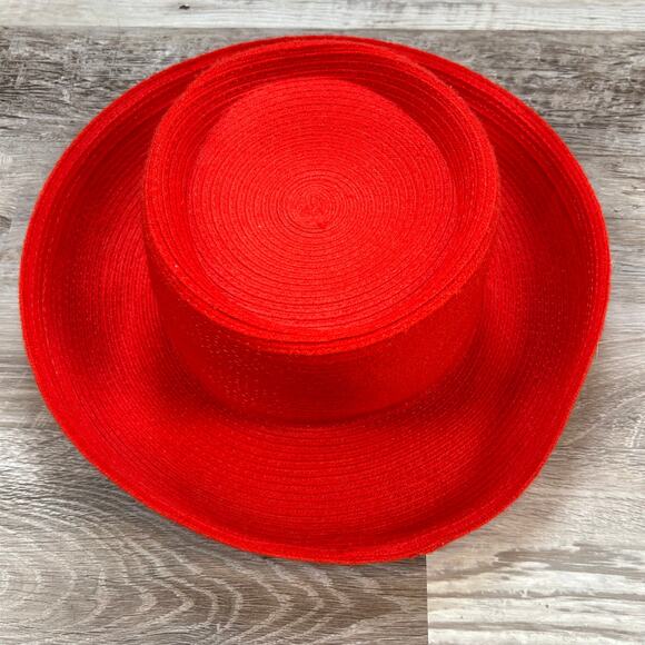 Vintage Red Structured Boater Hat Wide Brim Acrylic Statement Accessory Bold - Picture 7 of 7